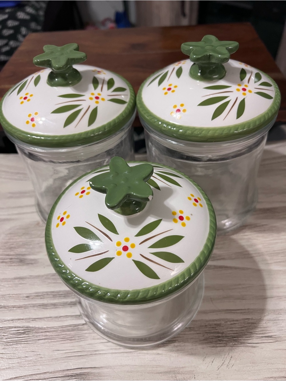 Temp-tations Old World Green 3 Pc Glass Canister Set Floral Ceramic Lids